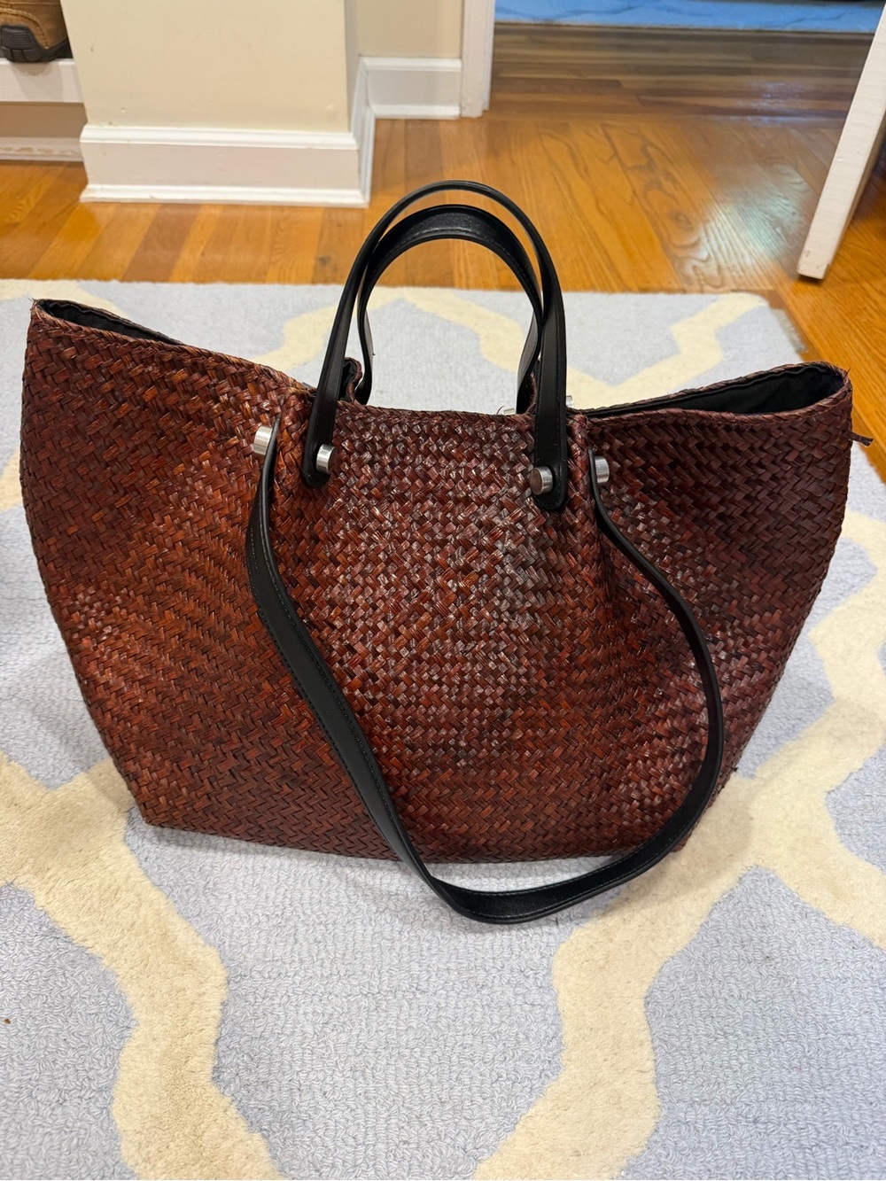 AllSaints Allington Woven Leather Tote in Dark Brown with Black Handles - Picture 2 of 4